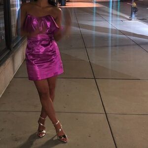 Zara Strapless Ruffle Satin Mini Dress in Fuchsia